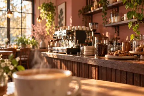 Barra de una cafetería cálida con luz de tarde