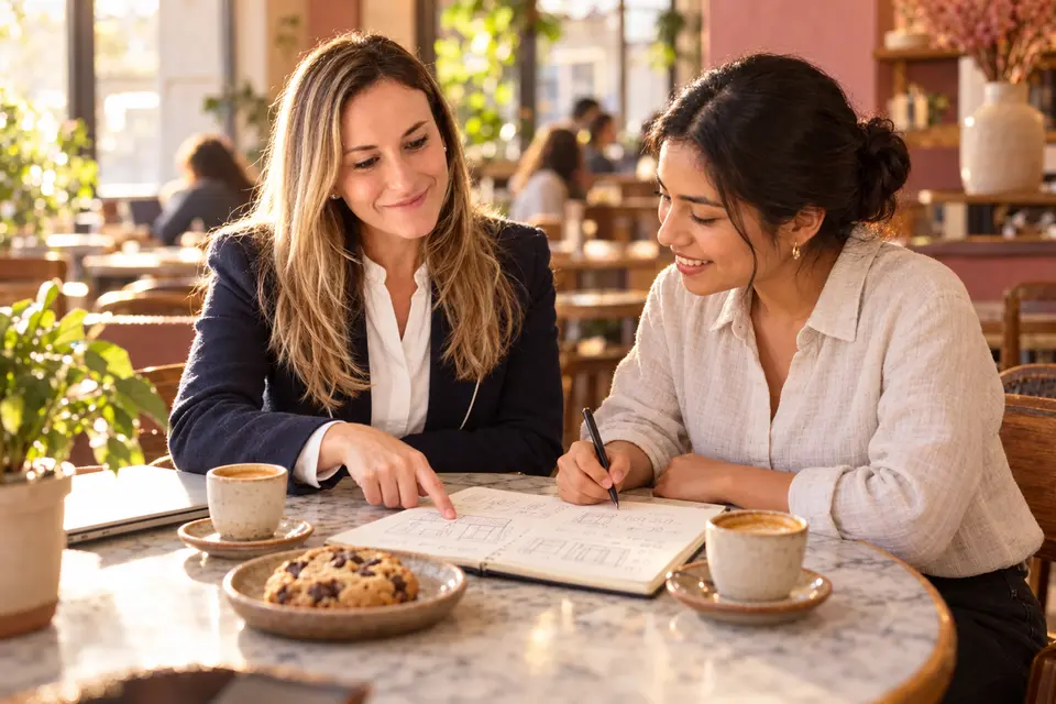 Cristina revisa con una emprendedora los bocetos de su negocio en una mesa de café