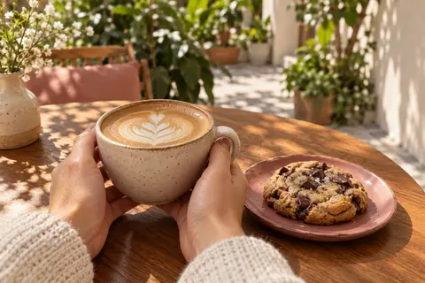 Manos sosteniendo un latte junto a una cookie en una mesa al sol