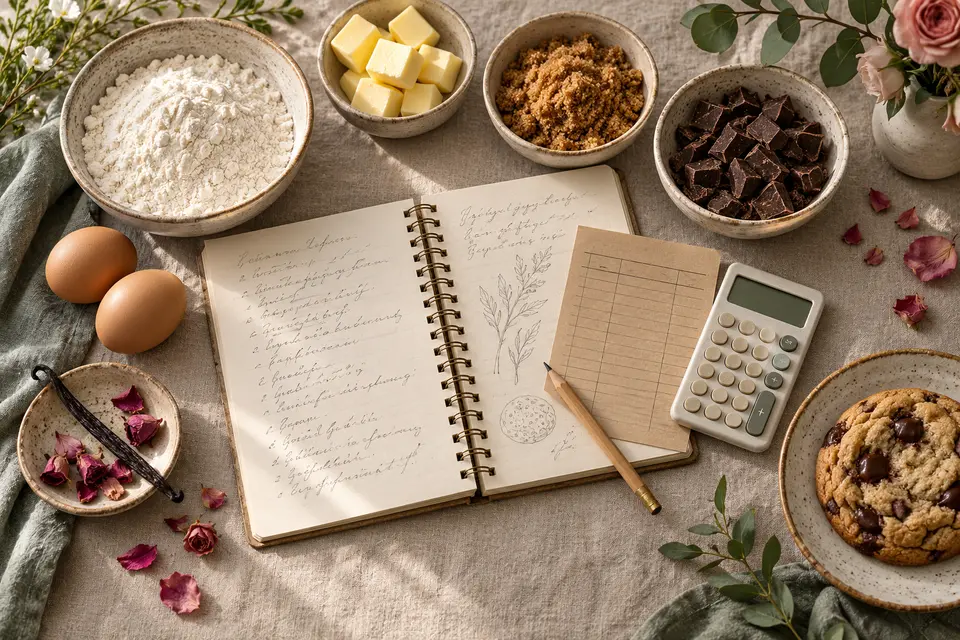Cuaderno de recetas, ficha de costeo y calculadora entre los ingredientes de una cookie